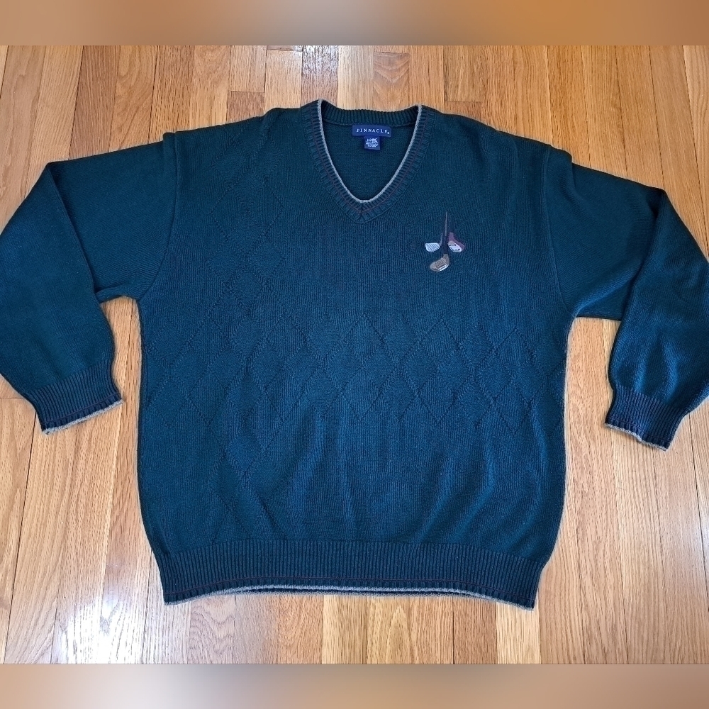 Pinnacle Men's XL Golf V-neck Sweater Hunter Green Textured Ribbed Embroidered